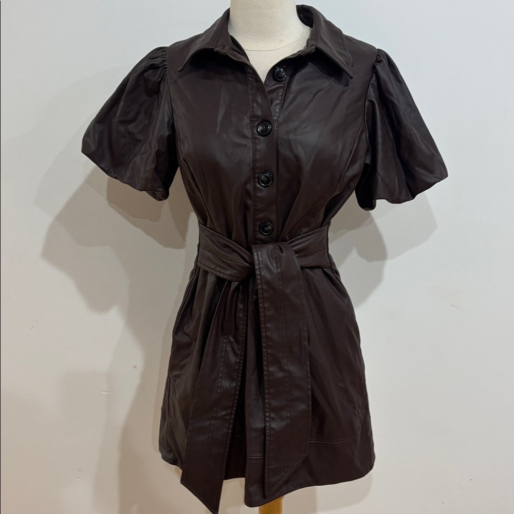 Toccin Puff Sleeve Faux Leather Dress, Size: 10 - Picture 5 of 9